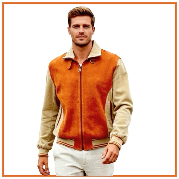 Bijan Men’s Vintage Leather Bomber Jacket. Orange/Brown, Tan. Size 56 - Picture 1 of 16
